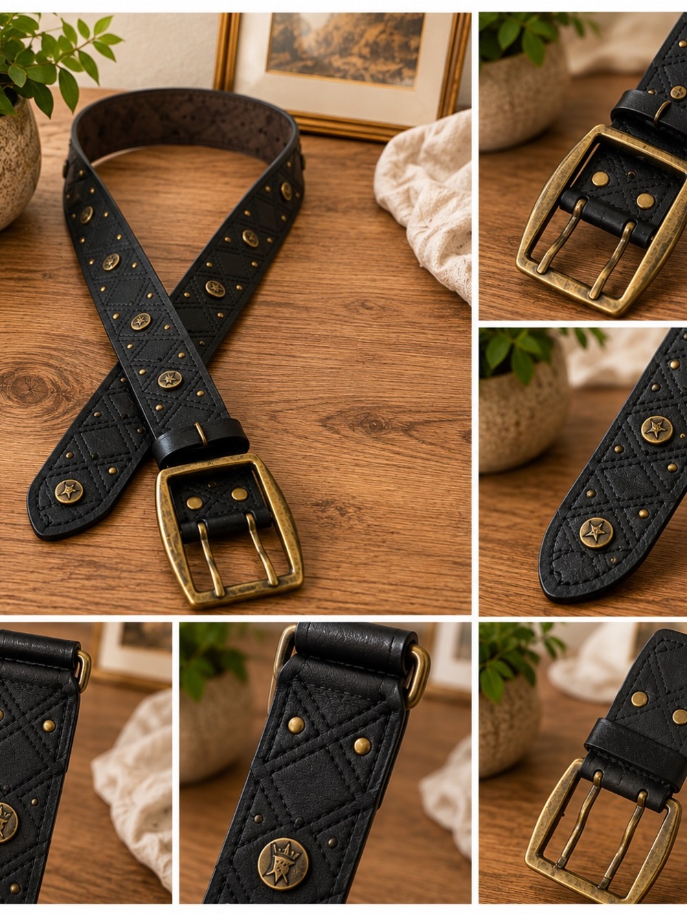 Black Studded Double Prong Statement Belt 45” Brass Tone Buckle - Picture 2 of 2